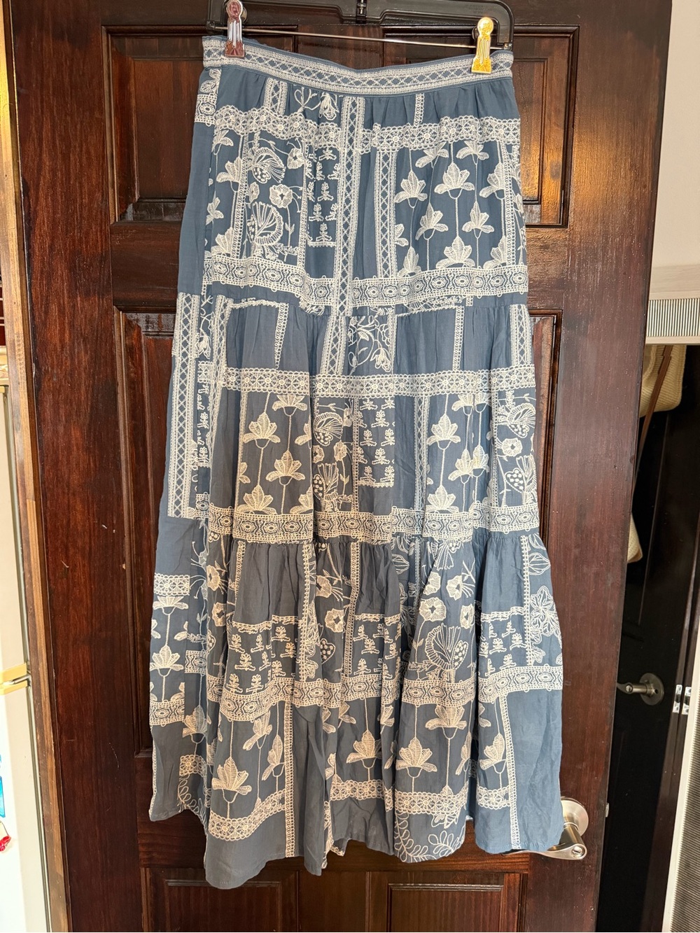 Anthropologie Blue Maxi Skirt with White Floral Embroidery